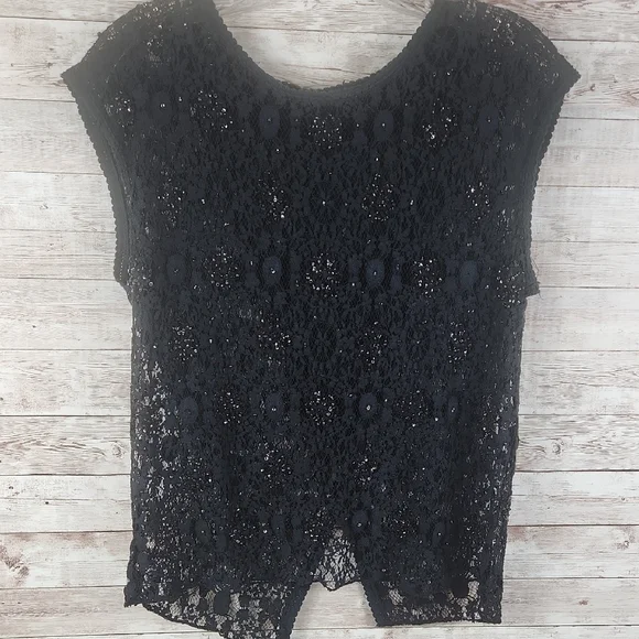 Zara Basic, Black Sequin Lace Women's Blouse, Sz L - Picture 3 of 10
